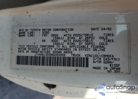 1992 Toyota Pickup 1/2 Ton Extra Long Wheelbase Dlx from USA, damaged, VIN JT4VN13D5N5093359